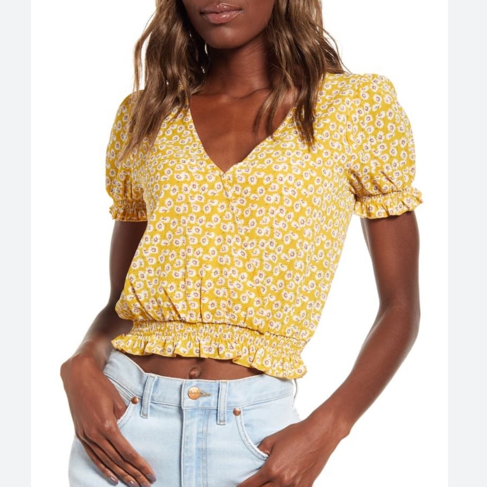 One Clothing Yellow Floral Wrap Top